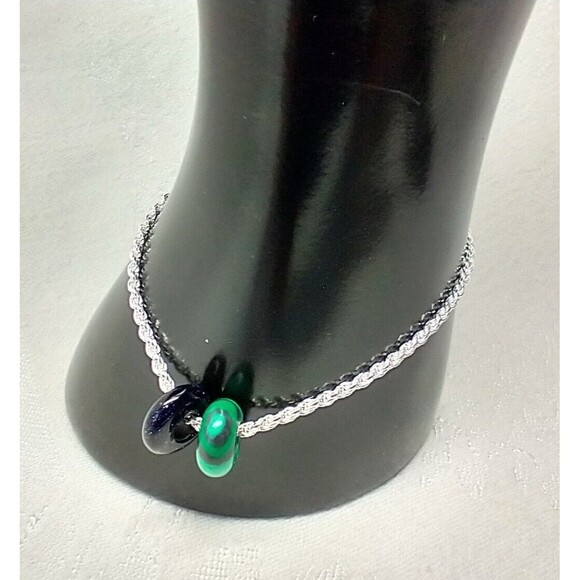 Italian 925 Wheat Chain And 2 Stone/Glass Discs 7" Chain Bracelet - Picture 2 of 12